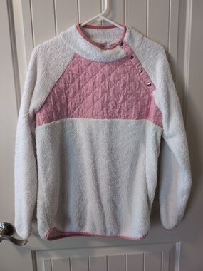 Pink Lily White and Pink Quilted Sherpa Snap-Shoulder Pullover